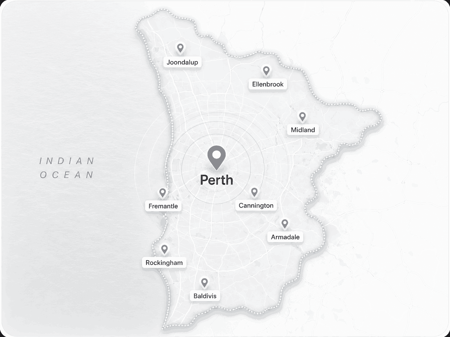 Map showing the Perth suburbs covered by Perth Garage Doors Repairs